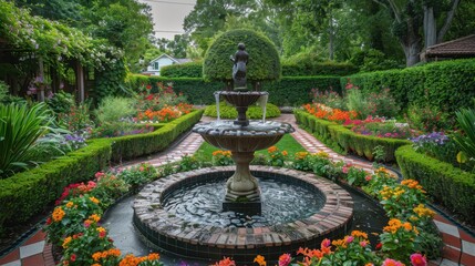 Elegant English Garden with Hedges, Flowers, and Checkerboard Stone Tiles

