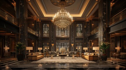 Obraz premium luxury interior design, the opulent lobby impresses guests with a stunning grand chandelier hanging from a tall ceiling, adding elegance and luxury to the lavish interior
