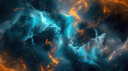 Naklejka premium Cosmic Dance: Nebula, Stars, Space, Galaxy, Astronomy, Blue, Orange, Swirls, Universe