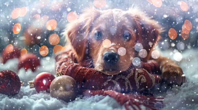 a festive wallpaper featuring cute dog dressed in Santa hats and scarves, christmas decoration tree. seamless looping time-lapse virtual 4k video animation background