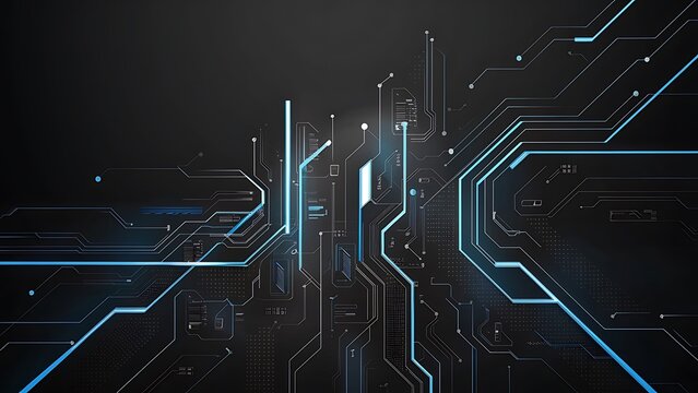 Abstract black background with lines and blue ts that depicts technological advancement