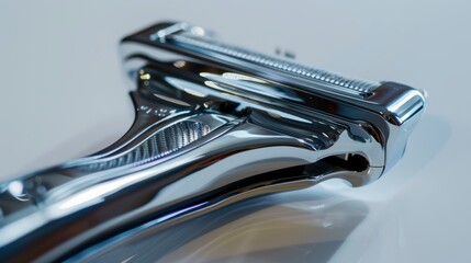 Sleek chrome razor with high-quality metal blade, ideal for grooming and hygiene. Modern, masculine design for a clean shave in the bathroom. Reflecting against a white backdrop