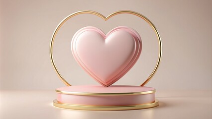 Romantic pink heart adorned with golden accents rests elegantly on a luxurious circle podium against a soft, creamy white background.