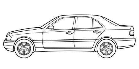 Classic business luxury class sedan car. 4 door car on white background. Side view shot. Outline doodle vector illustration	
