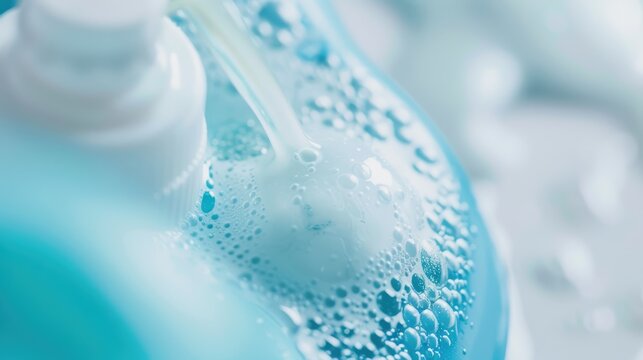 Dispensing blue liquid soap from a white plastic pump bottle, creating a foamy lather