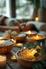 Obraz premium A serene spa setting features lit candles and bowls filled with salt, promoting a calming atmosphere for relaxation