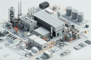 Fototapeta premium A detailed 3D rendering of an industrial facility with various structures and machinery arranged in a complex layout.
