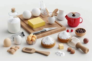 A variety of kitchen utensils and ingredients arranged on a wooden board, ideal for baking and cooking, featuring eggs, flour, butter, and more.