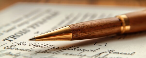 Close-up of a gold-trimmed pen on a document with the word 'troubles' visible.