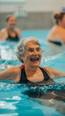 Fototapeta premium Elderly woman in a black swimsuit enjoys aquatic fitness in a pool, smiling and engaging with the camera, surrounded by others having a good time.