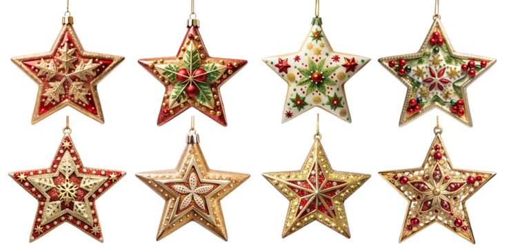 Set of Christmas tree toys in the shape of a star on a transparent background. Holiday and party concept.