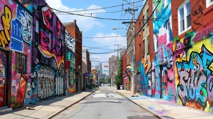 Naklejka premium Colorful graffiti art covers the buildings on a narrow city street.