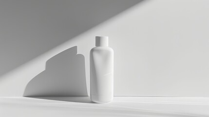 Sunlit white cosmetic bottle casting shadow on white background from window illumination