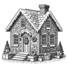 Fototapeta premium Christmas Gingerbread house with gifts sketch engraving generative ai fictional character raster illustration. Scratch board imitation. Black and white image.