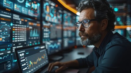 Focused Analyst Analyzing Data Trends in a High-Tech Control Room at Night. Generative AI