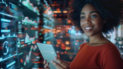 Businesswoman with tablet for trading and financial data analytics. AI and double visibility on website dashboard with digital technology