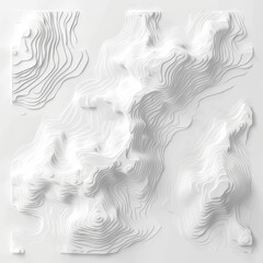 Abstract white topographic 3D landscape with layers creating a visual contour map effect. Minimalist design suitable for backgrounds.