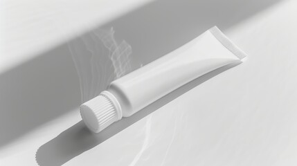 White cosmetic tube lying on a white surface with shadows, perfect for showcasing branding or packaging designs
