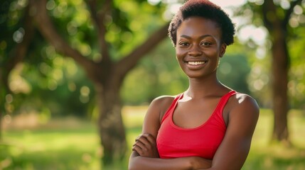Nigerian black woman with confidence, humor, and independence in park, outside, and garden. Black woman laughing in summer, nature, and surroundings