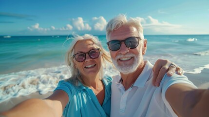Smile, pout, and joyful for vacation, summer, and memory, senior couple beach selfie and portrait. Captured mature man, woman, and ocean for social media profile picture and photos.