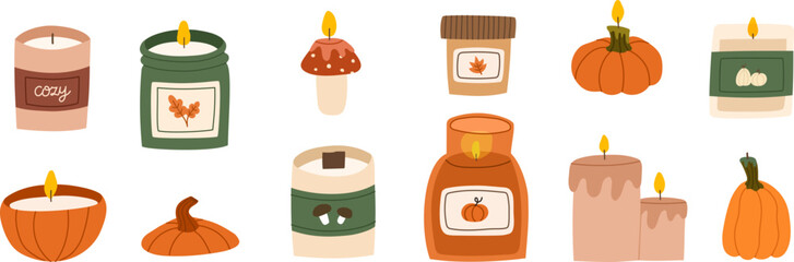 Cozy autumn scented candles set. Collection of various aromatic candles .Hand drawn hygge candlelights. Aromatherapy and relaxation. Flat vector illustration.