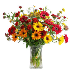 Fototapeta premium a red yellow bouquet of summer flowers in a vase isolated on transparent background. side view