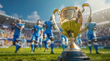 Team, prize, and sports competition for outdoor soccer challenge, teamwork, or event. Golden award, championship, or prize with football league group ready