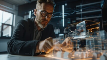 Hologram of architect, engineer, or man in office with blueprint or real estate planning. Futuristic, model or designer with nighttime holographic renovation business project vision