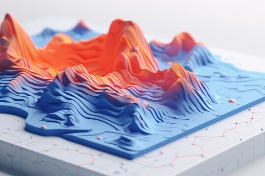 Colorful 3D topographic map representation with vibrant blue and orange layers, showcasing detailed elevation and terrain data.