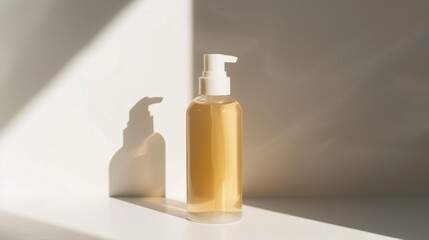 Naklejka premium Clear cosmetic product bottle with a white dispenser creating a shadow on a sunny white surface