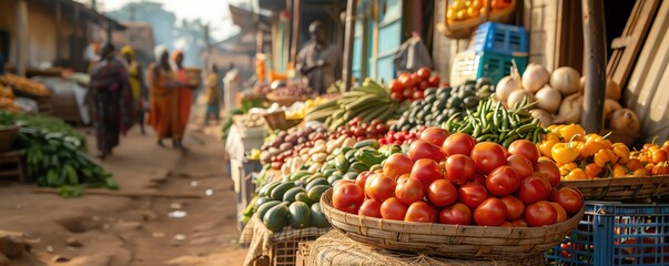 Fototapeta premium Vibrant outdoor market scene with colorful fruits, vegetables, and bustling shoppers.