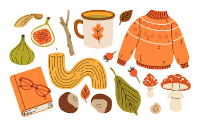 Cute autumn elements, candles, tea cup, pumpkin, warm clothes, blanket and scarf. Hand drawn fall season design element, acorns with leaves, mushrooms and berries, cozy doodle sticker vector set