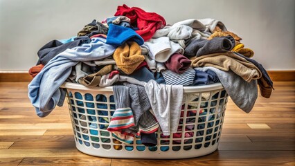 Overstuffed, grimy laundry basket with worn, sweat-stained clothes and forgotten socks emitting a pungent, unpleasant odor in a cluttered room.