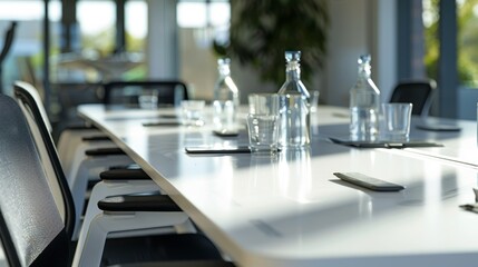 Display, corporate strategy, and training workshop in empty meeting, conference, and business rooms. Modern boardroom chair, brainstorming and table prepared materials For collaboration