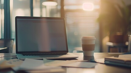 Empty table with files, coffee, laptop, notebook, folder, and economic, stock market, or trading researcher portfolio. Tech for online cryptocurrency investment growth research