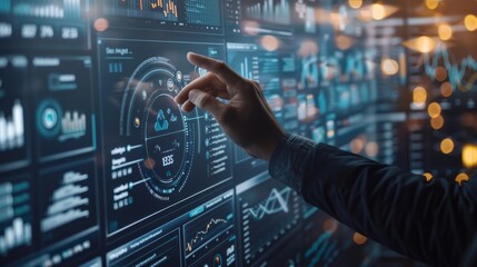 Obraz premium Man, night, and overlay for office planning data analytics by graph, chart, and tech change. Expert in IT, holographic or hand for IoT design, focus or fintech for budget