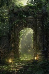 Enchanted Forest Ruins Frame with ancient stone ruins, overgrown with moss and vines, and softly glowing lanterns.