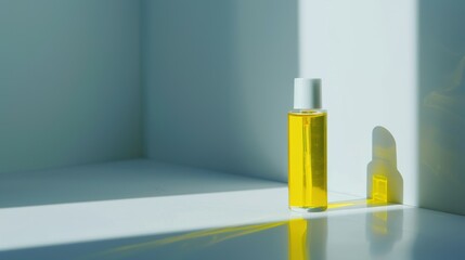 Sunlight is illuminating a transparent bottle of yellow liquid and casting a shadow on a white surface