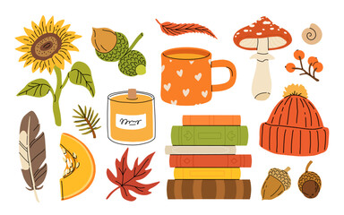 Cute autumn elements, candles, tea cup, pumpkin, warm clothes, blanket and scarf. Hand drawn fall season design element, acorns with leaves, mushrooms and berries, cozy doodle sticker vector set