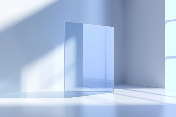 Obraz premium Minimalistic modern interior with a transparent glass panel, soft light, and geometric shadows, creating a serene and clean atmosphere.