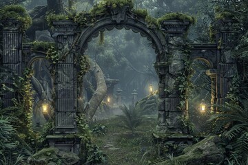 Naklejka premium Enchanted Forest Ruins Frame with ancient stone ruins, overgrown with moss and vines, and softly glowing lanterns.