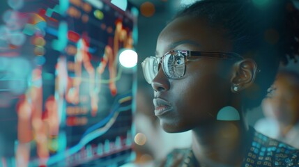 Future screen, statistics, and night lady analyse fintech insight hud, administration, or bank accounting data. A financial analyst, face overlay, and African accountant examine company chart