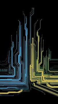 Abstract black background with lines and blue ts that depicts technological advancement