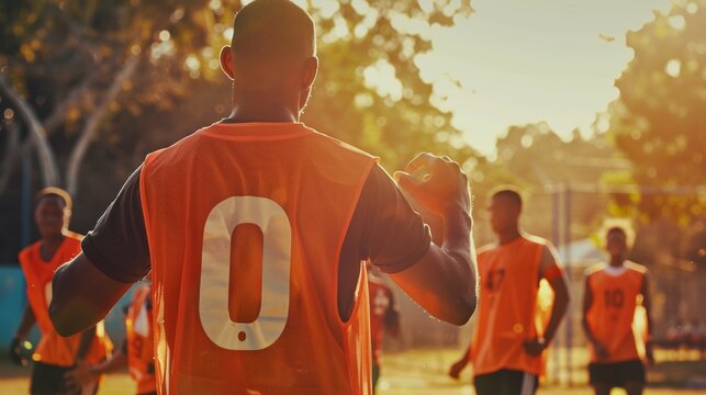 As dawn breaks, rugby players and men chat on the field. Sports, athlete team, and players after workout or game with buddies