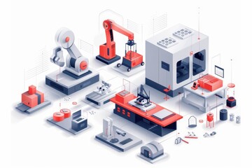 Obraz premium Modern robotic manufacturing assembly line with industrial machines, automation equipment, and conveyor belt system in a factory setup.