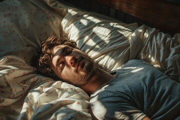 Obraz premium Man Awakening in Bed at Home. Morning Rest and Happy Start to the Day