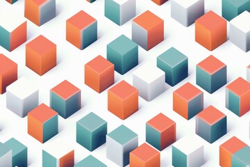 Obraz premium Seamless pattern of 3D isometric cubes in orange, teal, and white. Geometric abstract background, perfect for design projects or wallpapers.