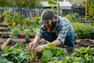 Man Planting Crops in Communal Urban Garden. Organic Gardening Hobby for Hipster Food Enthusiasts
