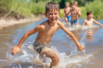 Smiling boy running through water with friends in summer