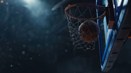  A basketball going through a hoop in a dark, dramatic sports setting.